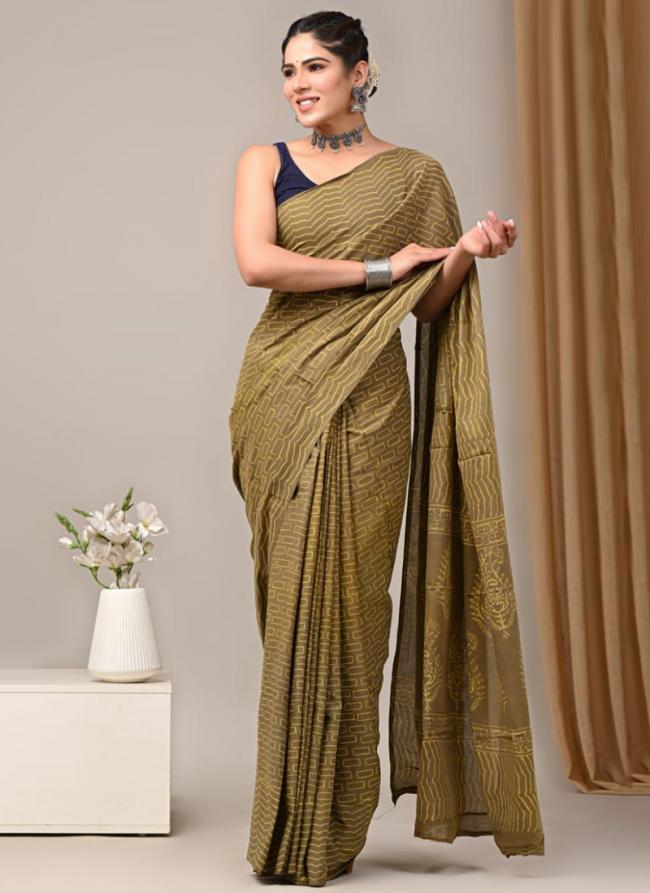 Cotton Olive Green Casual Wear Printed Saree